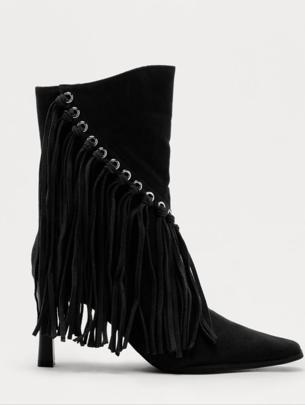 Black Fringe Mid-Calf Heeled Boots